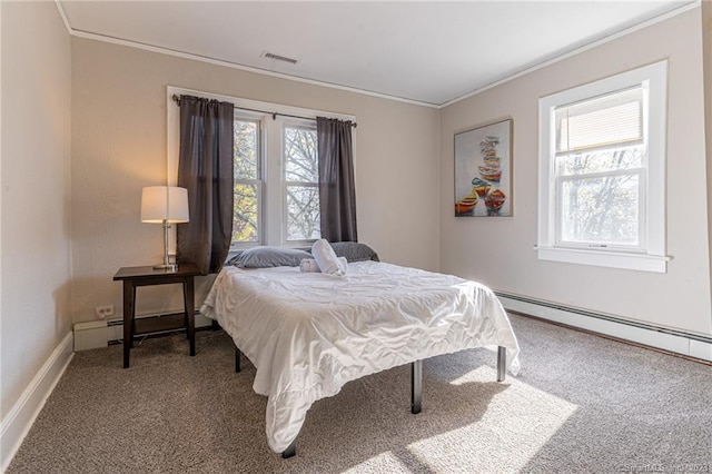 18 Fenway St, Stamford, CT 06902 - carpeted bedroom featuring crown molding, visible vents, and a baseboard radiator