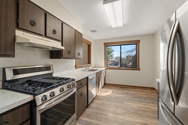 kitchen featuring under cabinet range hood, a sink, dark brown cabinetry, appliances with stainless steel finishes, and light countertops