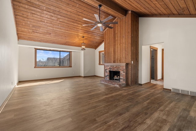 unfurnished living room featuring wood finished floors, a ceiling fan, visible vents, beam ceiling, and wooden ceiling