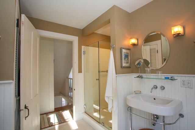 11 Hodge Rd, Roxbury, CT 06783 - bathroom with wainscoting, a stall shower, and a sink