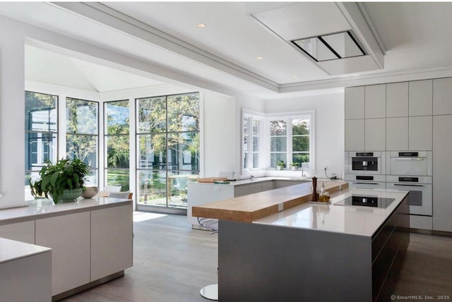 kitchen with black electric stovetop, modern cabinets, wood finished floors, a kitchen island, and double oven