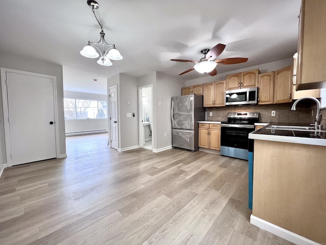 200 Yale St Unit 15B, Waterbury, CT 06704 - kitchen featuring a sink, stainless steel appliances, a baseboard heating unit, light wood-type flooring, and backsplash