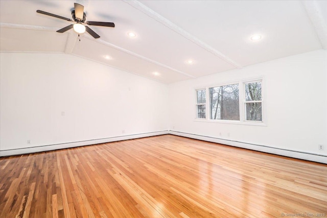 25 Jefferson Dr, New Milford, CT 06776 - spare room featuring a baseboard heating unit, vaulted ceiling with beams, recessed lighting, wood finished floors, and ceiling fan
