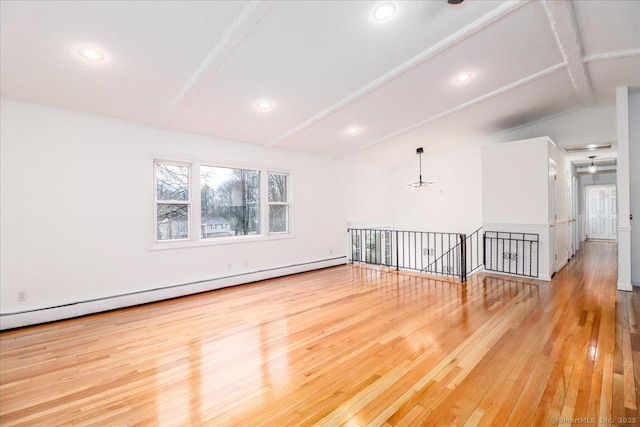 25 Jefferson Dr, New Milford, CT 06776 - spare room featuring lofted ceiling with beams, recessed lighting, a chandelier, a baseboard radiator, and wood-type flooring