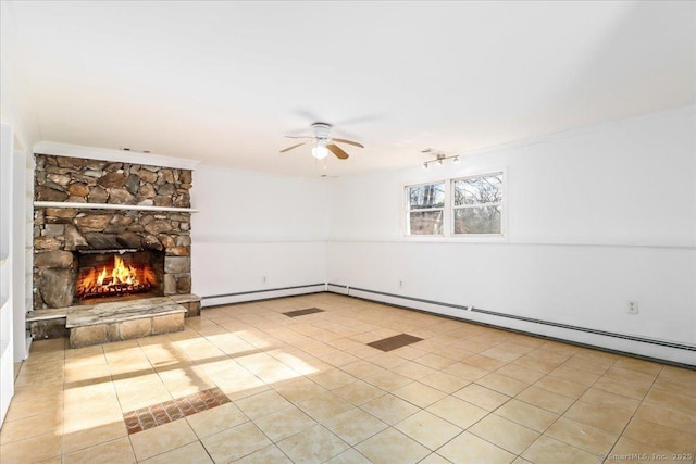 25 Jefferson Dr, New Milford, CT 06776 - unfurnished living room featuring a ceiling fan, baseboard heating, tile patterned flooring, a fireplace, and a baseboard radiator