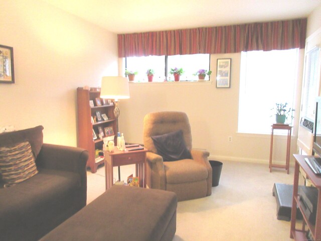 carpeted living area with a wealth of natural light and baseboards