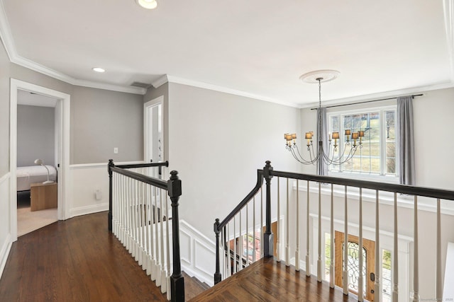 250 Valley Stream Ln, Southbury, CT 06488 - hall featuring an upstairs landing, a chandelier, crown molding, wood finished floors, and recessed lighting
