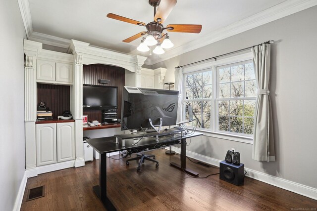 250 Valley Stream Ln, Southbury, CT 06488 - office with a ceiling fan, baseboards, dark wood-type flooring, and ornamental molding
