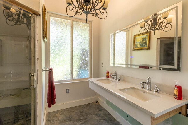 8 Tom Rd, East Haddam, CT 06423 - bathroom with a chandelier, double vanity, and a stall shower