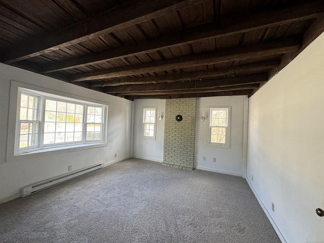 19 Huntington Rd, Scotland, CT 06264 - carpeted empty room featuring baseboard heating, wood ceiling with exposed beams, and baseboards