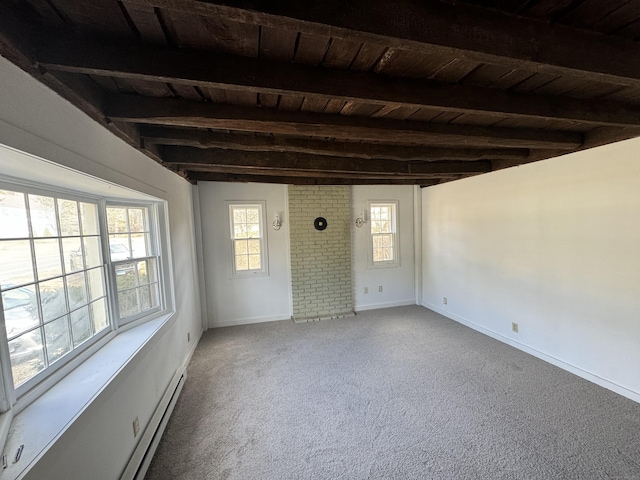 19 Huntington Rd, Scotland, CT 06264 - carpeted spare room featuring wood ceiling with exposed beams, baseboards, and baseboard heating