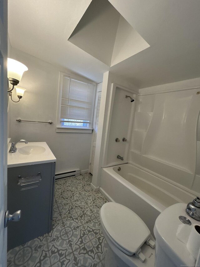 19 Huntington Rd, Scotland, CT 06264 - full bath featuring baseboard heating, toilet, shower / washtub combination, vanity, and baseboards