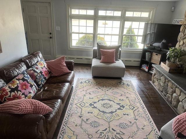 living area featuring a baseboard radiator, a wealth of natural light, and dark wood-type flooring