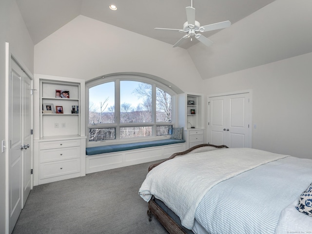carpeted bedroom with recessed lighting, high vaulted ceiling, and ceiling fan