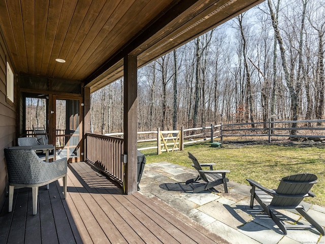 wooden deck featuring a wooded view, a fenced backyard, and a lawn
