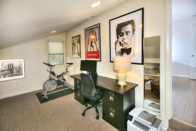 office featuring recessed lighting, baseboards, and vaulted ceiling