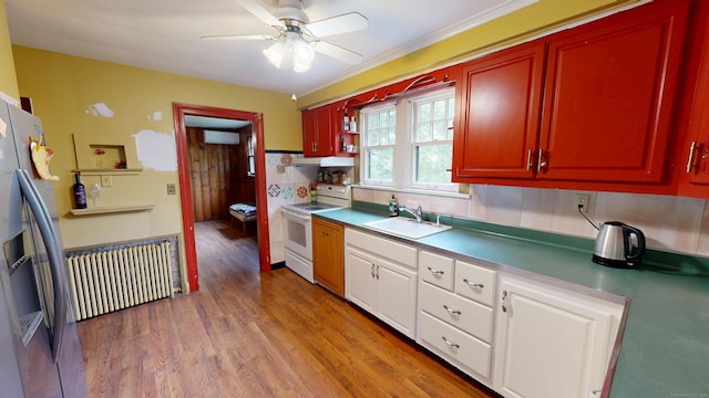 85 Hillcrest Ter, Meriden, CT 06450 - kitchen with electric stove, stainless steel refrigerator with ice dispenser, a sink, a wall mounted AC, and white cabinetry
