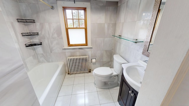 85 Hillcrest Ter, Meriden, CT 06450 - bathroom featuring radiator heating unit, tile walls, tile patterned flooring, toilet, and vanity