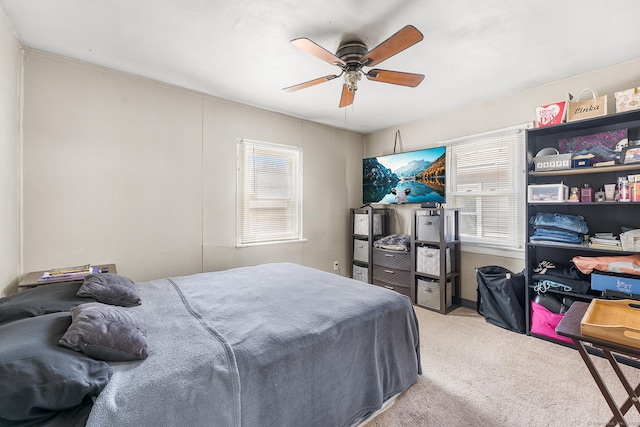 carpeted bedroom with ceiling fan and multiple windows