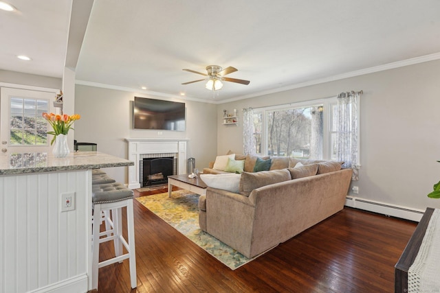 living room with a baseboard heating unit, a ceiling fan, dark wood-style flooring, crown molding, and a fireplace