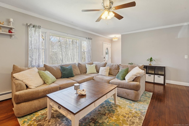 living area featuring a ceiling fan, hardwood / wood-style floors, crown molding, baseboards, and a baseboard heating unit