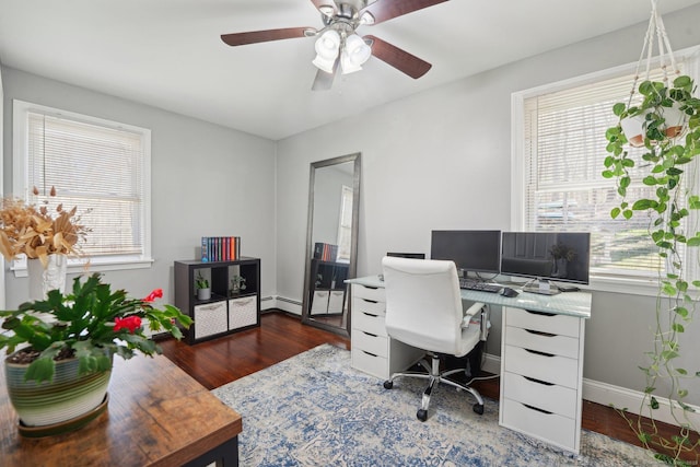 office space featuring a baseboard radiator, wood finished floors, a ceiling fan, and baseboards