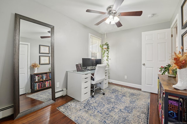 office space featuring a baseboard radiator, a ceiling fan, and wood finished floors