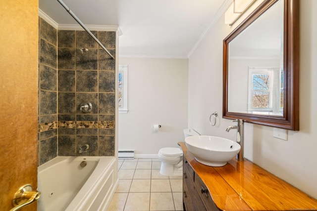 full bath with a baseboard heating unit, vanity, crown molding, and tile patterned flooring