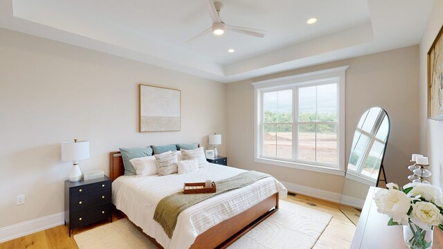 81 Shea Cir, Cheshire, CT 06410 - bedroom featuring baseboards, a tray ceiling, light wood-style flooring, and recessed lighting