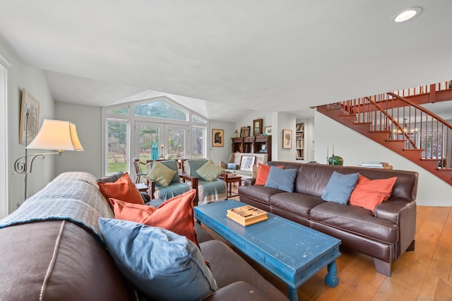 277 Milton Rd, Warren, CT 06756 - living room featuring stairway, wood-type flooring, recessed lighting, and lofted ceiling