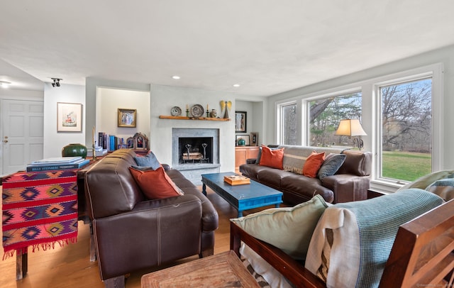 277 Milton Rd, Warren, CT 06756 - living area with wood finished floors, a fireplace with raised hearth, and recessed lighting