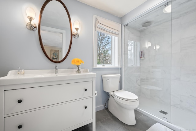 277 Milton Rd, Warren, CT 06756 - bathroom with toilet, vanity, tiled shower, tile patterned floors, and baseboards