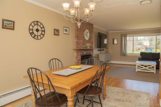 dining space featuring visible vents, ornamental molding, wood finished floors, and a notable chandelier