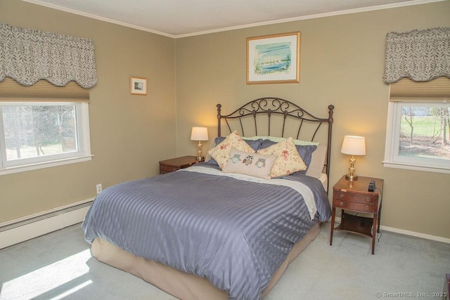 bedroom featuring baseboards, ornamental molding, carpet flooring, and a baseboard heating unit