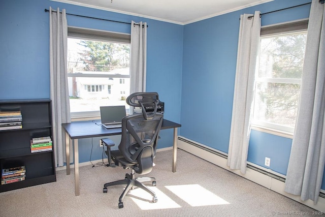 office area with carpet floors, baseboards, ornamental molding, and baseboard heating