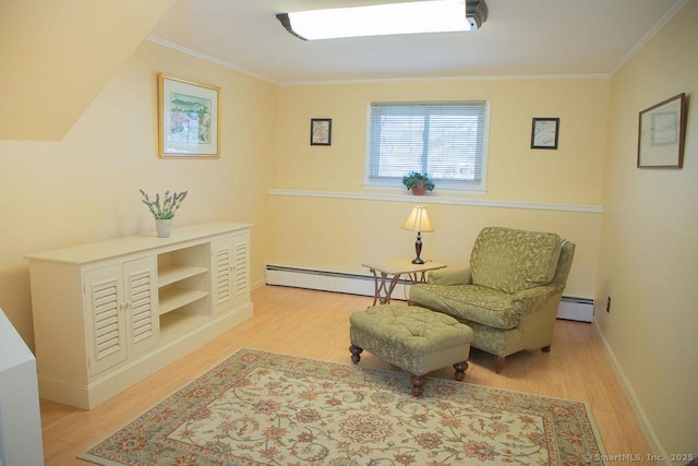 living area featuring a baseboard radiator, ornamental molding, and wood finished floors