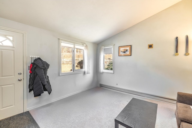 127 Separatist Rd, Mansfield, CT 06268 - foyer entrance featuring vaulted ceiling, carpet, a baseboard heating unit, and baseboards