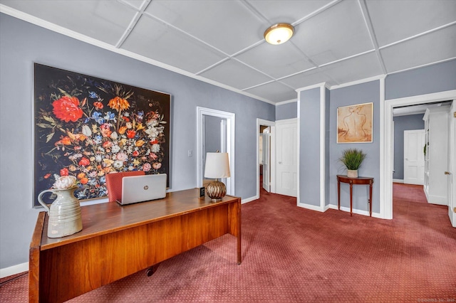 office area featuring crown molding, baseboards, and carpet floors