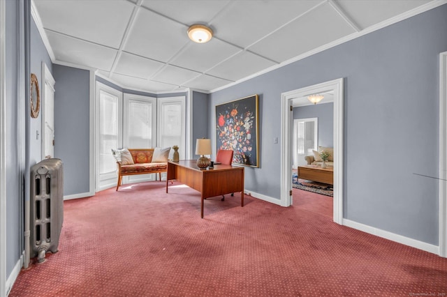 office featuring carpet flooring, radiator, crown molding, and baseboards