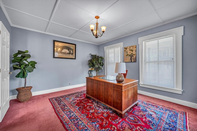 office featuring baseboards, carpet floors, a chandelier, and ornamental molding
