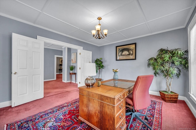 office area with carpet flooring, a notable chandelier, baseboards, and ornamental molding