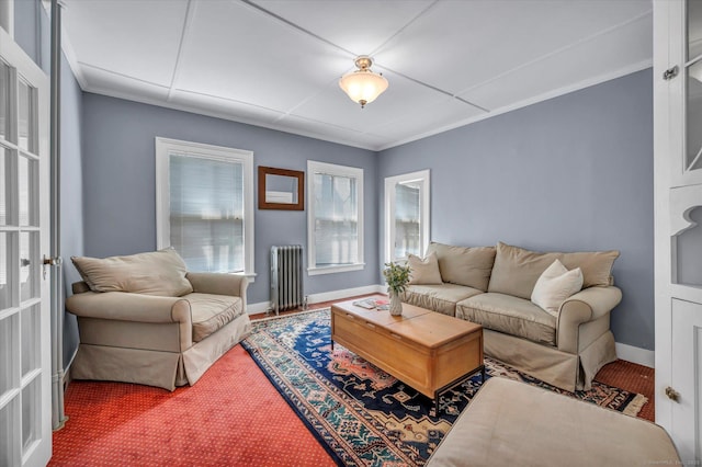 living room featuring radiator heating unit and baseboards