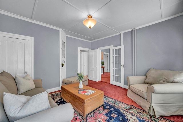 living area with carpet, baseboards, french doors, and ornamental molding