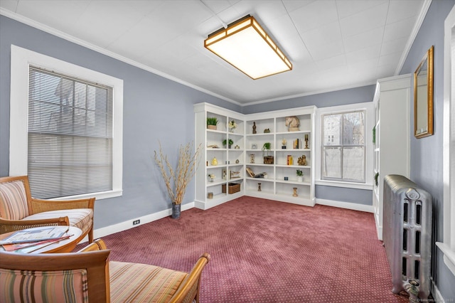 living area featuring crown molding, radiator, baseboards, and dark colored carpet