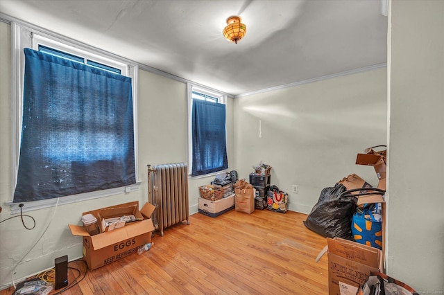 interior space featuring radiator heating unit and wood finished floors