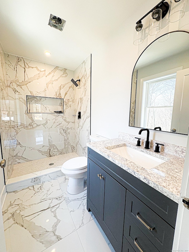 88 Walnut Trl, Danbury, CT 06810 - full bath with vanity, toilet, a marble finish shower, and marble look tile flooring