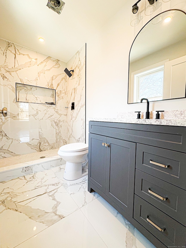 88 Walnut Trl, Danbury, CT 06810 - full bathroom featuring vanity, toilet, a marble finish shower, marble finish floors, and recessed lighting