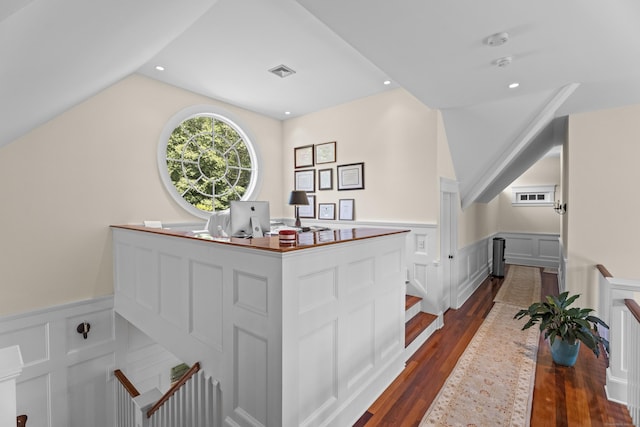 360 New London Tpke, Stonington, CT 06378 - bar with dark wood-style flooring, a decorative wall, a wainscoted wall, and vaulted ceiling