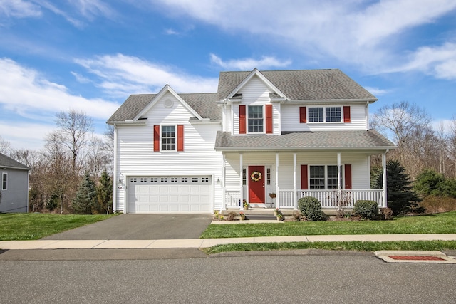 36 Barbers Way Unit 36, Hebron, CT 06248 - traditional-style home featuring covered porch, a shingled roof, driveway, a front lawn, and an attached garage