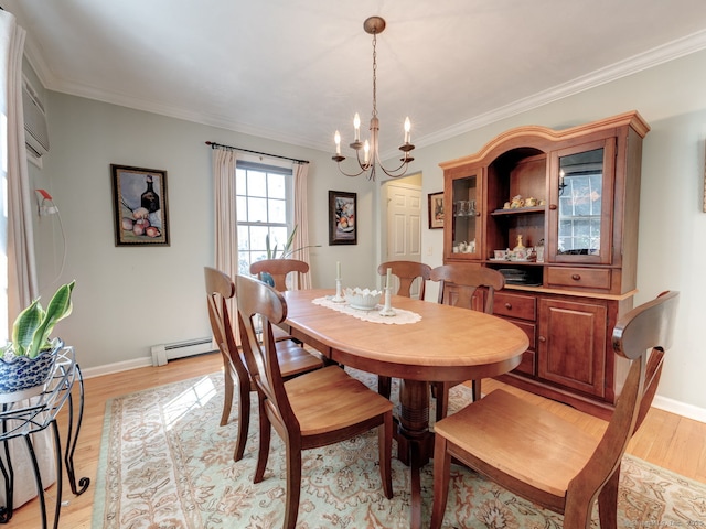 20 Copper Hill Dr Unit 20, Guilford, CT 06437 - dining room featuring a baseboard radiator, baseboards, light wood-style floors, ornamental molding, and an inviting chandelier